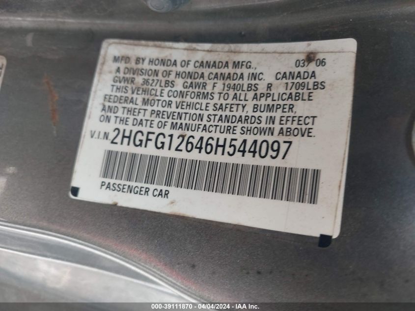 2HGFG12646H544097 | 2006 HONDA CIVIC