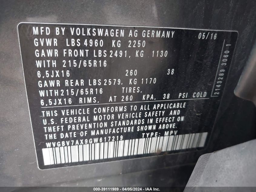 2016 VOLKSWAGEN TIGUAN S - WVGBV7AX9GW617219