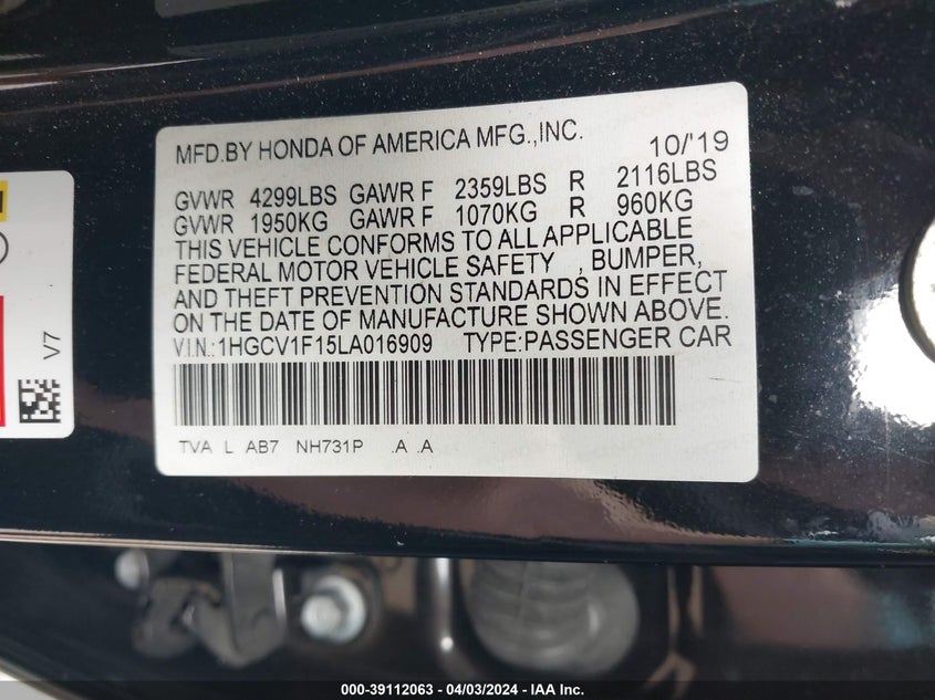 VIN 1HGCV1F15LA016909 2020 HONDA ACCORD LX