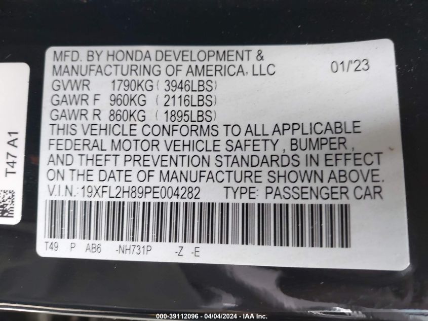 2023 HONDA CIVIC 2.0L I-4 DI, DOHC, V(VIN: 19XFL2H89PE004282