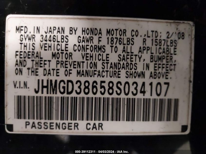 JHMGD38658S034107 | 2008 HONDA FIT