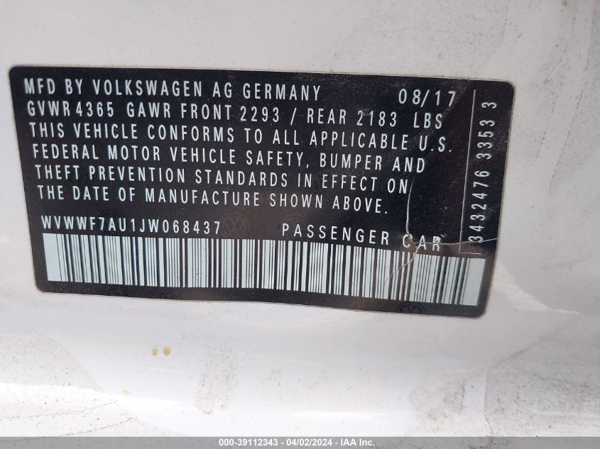 WVWWF7AUIJW068437 2018 Volkswagen Golf R