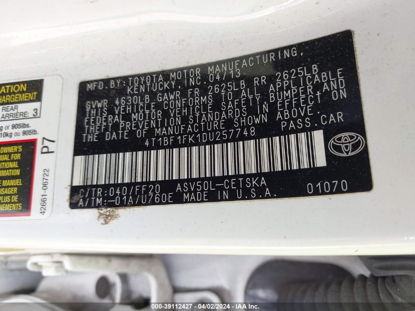 4T1BF1FK1DU257748 | 2013 TOYOTA CAMRY