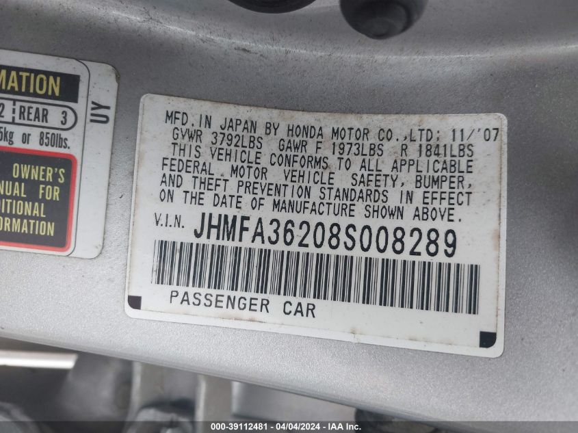 JHMFA36208S008289 | 2008 HONDA CIVIC HYBRID