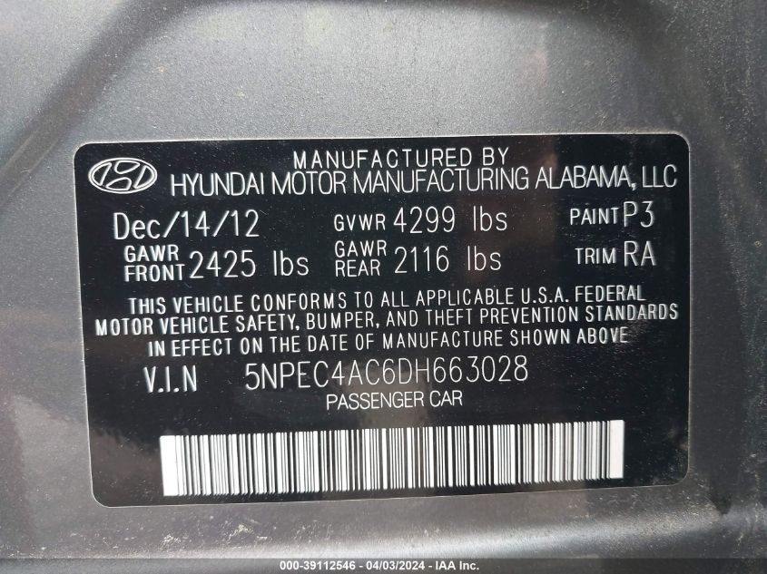 5NPEC4AC6DH663028 2013 Hyundai Sonata Se