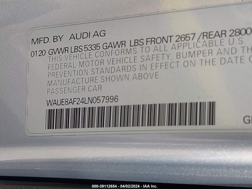 2020 Audi A6 Sedan Premium Plus 45 Tfsi Quattro S Tronic VIN: WAUE8AF24LN057996 Lot: 39112654