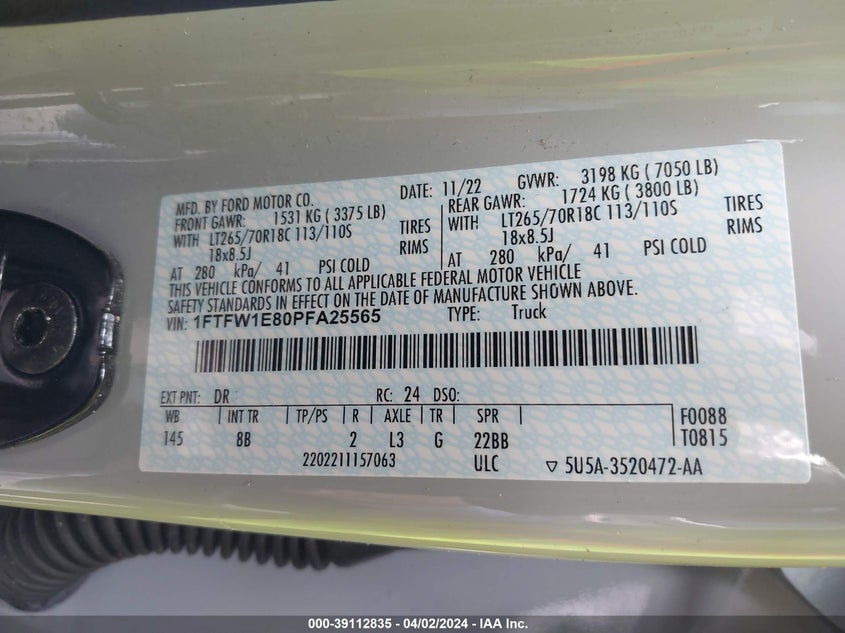 VIN 1FTFW1E80PFA25565 2023 FORD F-150 XL