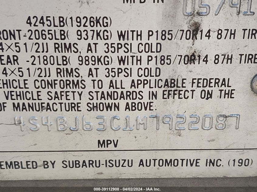 4S4BJ63C1M7922087 1991 Subaru Legacy L/Hx/Px/Rx