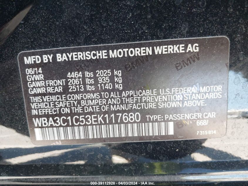2014 BMW 328I VIN: WBA3C1C53EK117680 Lot: 39112928