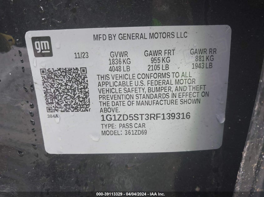 2024 CHEVROLET MALIBU 1.5L I-4 DI, DOHC, V(VIN: 1G1ZD5ST3RF139316