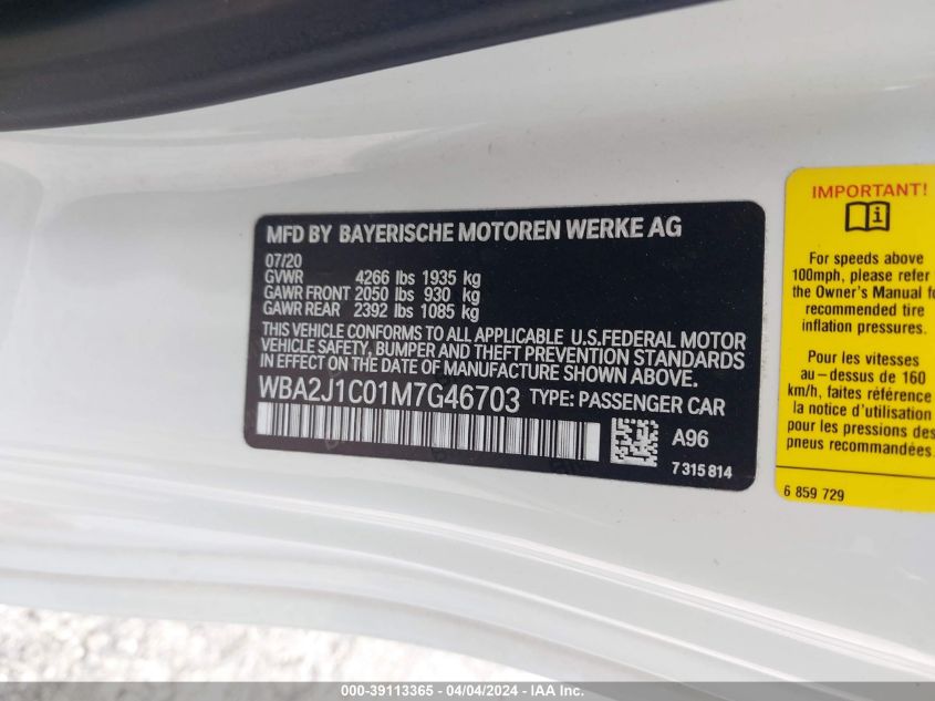 2021 BMW 230I VIN: WBA2J1C01M7G46703 Lot: 39113365