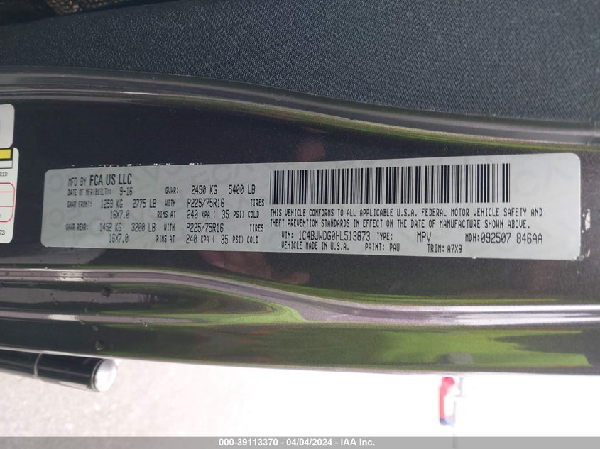 2017 JEEP WRANGLER UNLIMITED SPORT 4X4 - 1C4BJWDG0HL513873