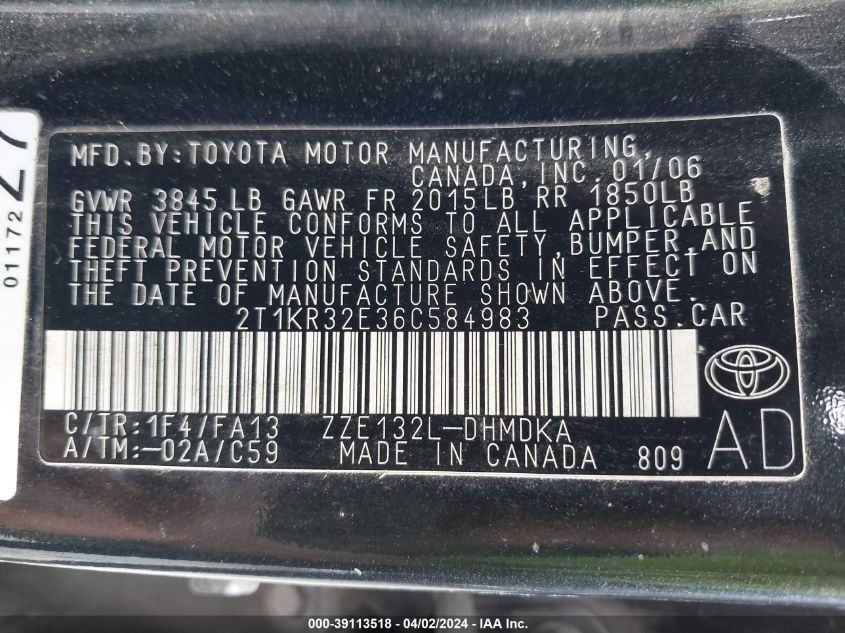 2T1KR32E36C584983 | 2006 TOYOTA MATRIX