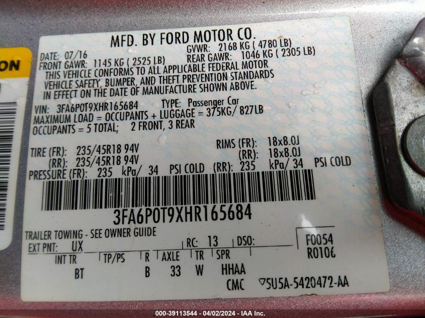 3FA6P0T9XHR165684 | 2017 FORD FUSION