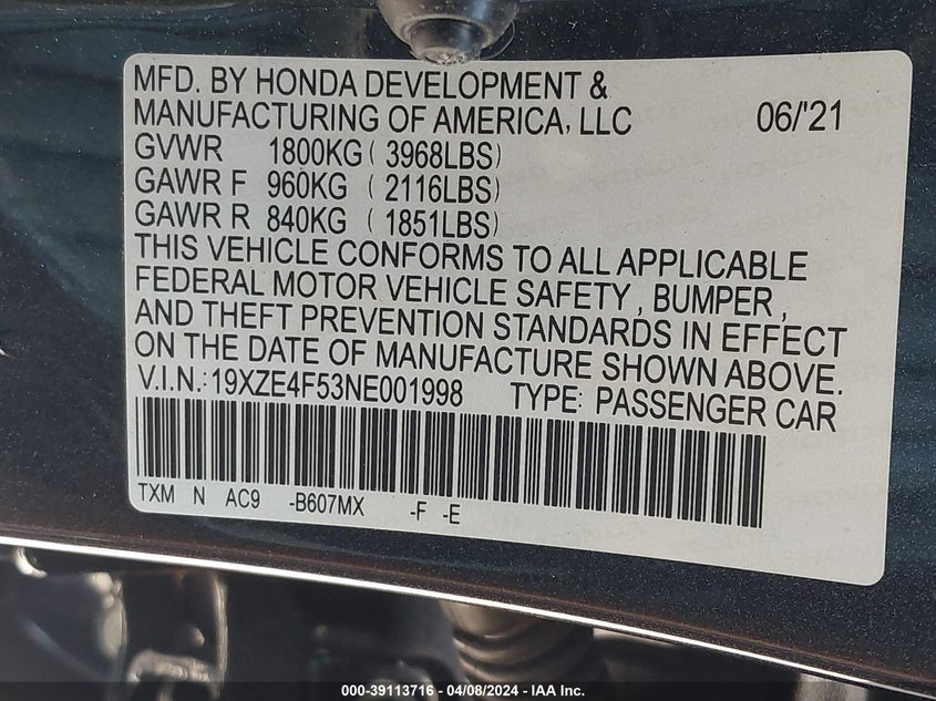 2022 HONDA INSIGHT EX - 19XZE4F53NE001998