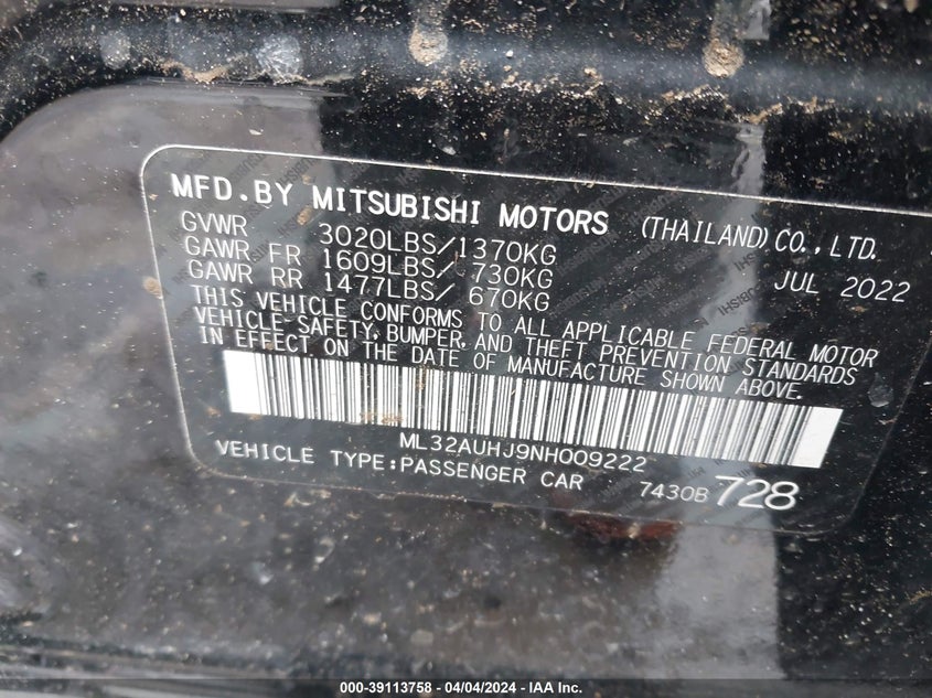 2022 MITSUBISHI MIRAGE ES/LE - ML32AUHJ9NH009222