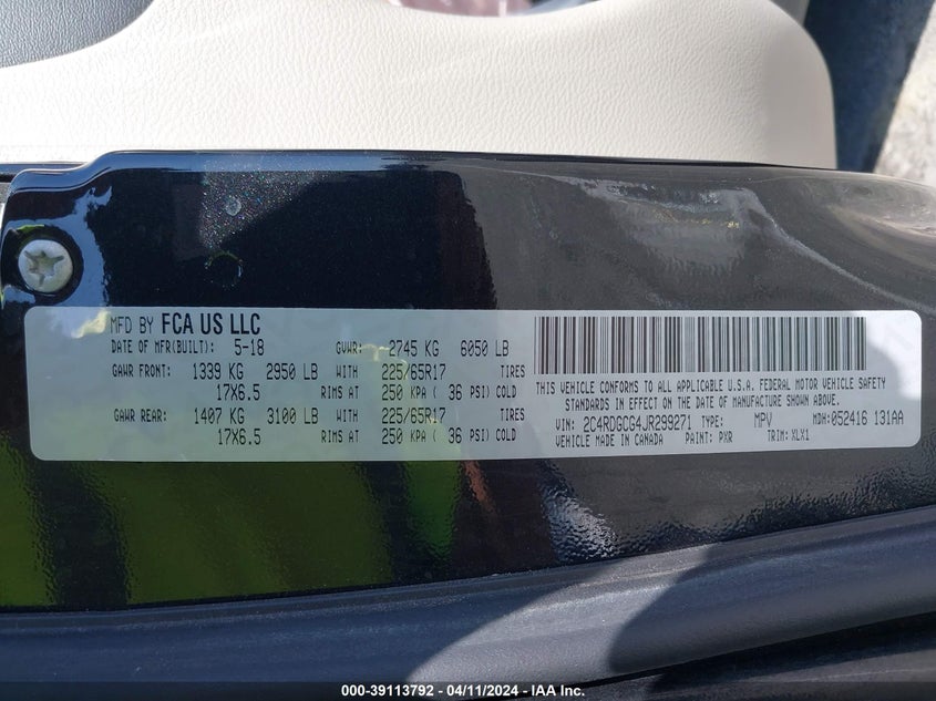 VIN 2C4RDGCG4JR299271 2018 DODGE GRAND CARAVAN SXT