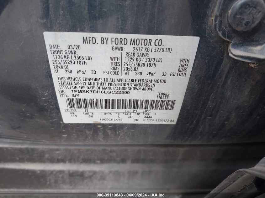 VIN 1FMSK7DH6LGC22500 2020 FORD EXPLORER XLT