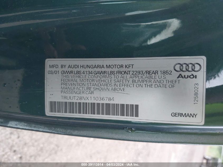 TRUUT28NX11036784 | 2001 AUDI TT