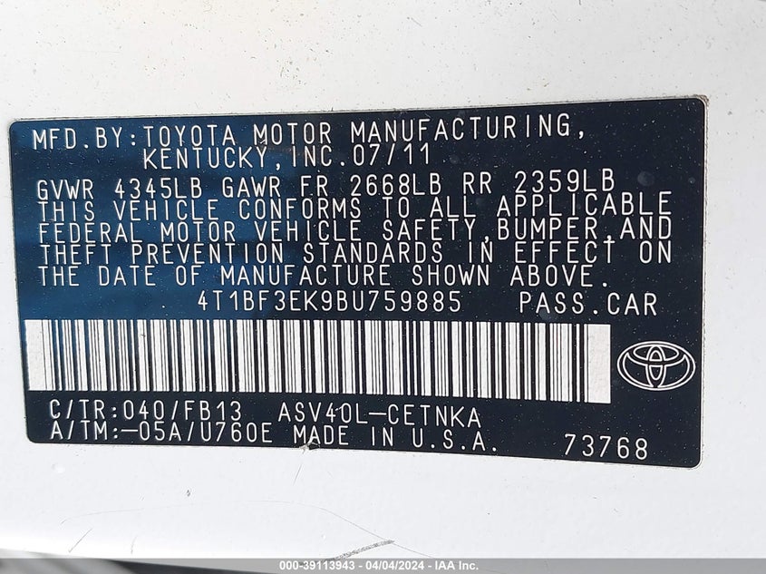 2011 TOYOTA CAMRY VIN: 4T1BF3EK9BU759885