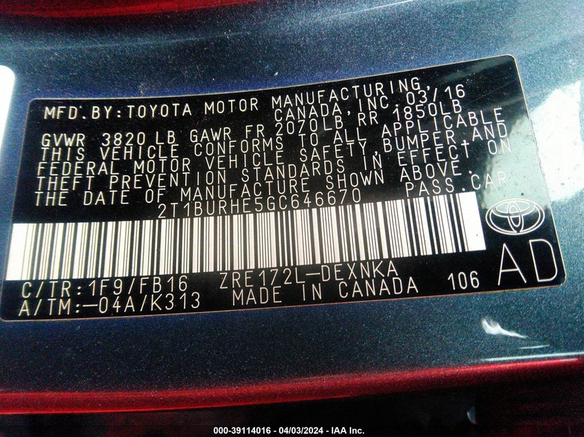 2016 TOYOTA COROLLA L/LE/LE PLS/PRM/S/S PLS - 2T1BURHE5GC646670