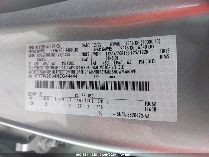 2022 FORD F-250 XLT - 1FT7W2B64NEG44444