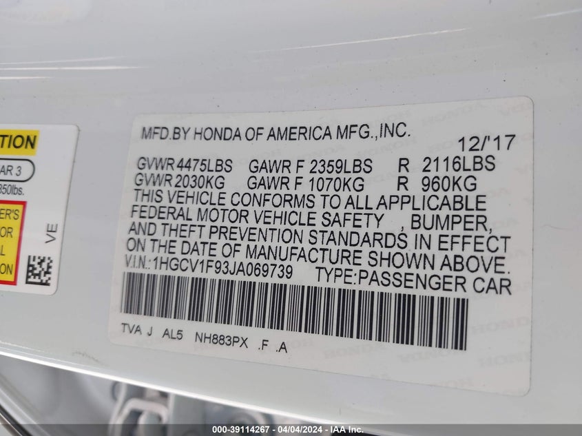 VIN 1HGCV1F93JA069739 2018 HONDA ACCORD TOURING