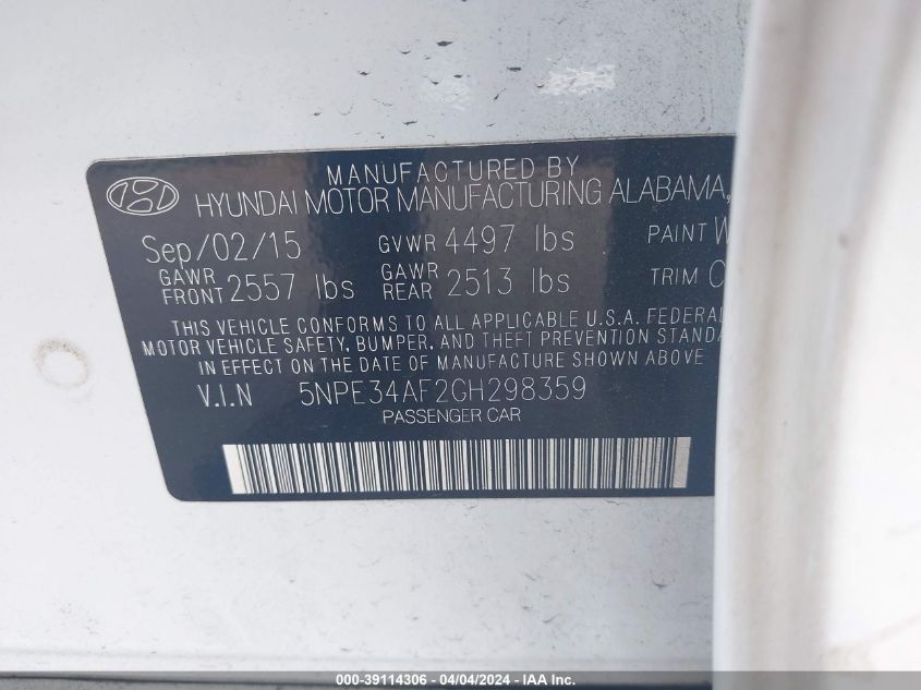 5NPE34AF2GH298359 | 2016 HYUNDAI SONATA