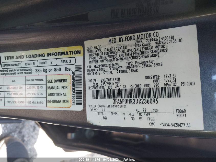 3FA6P0HR3DR236095 | 2013 FORD FUSION