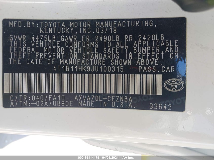 2018 TOYOTA CAMRY LE - 4T1B11HK9JU100315