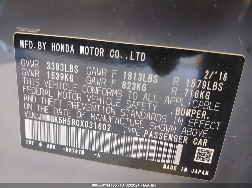 2016 HONDA FIT LX - JHMGK5H58GX031602