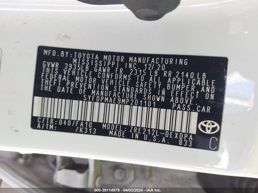 VIN 5YFDPMAE9MP201101 2021 TOYOTA COROLLA L