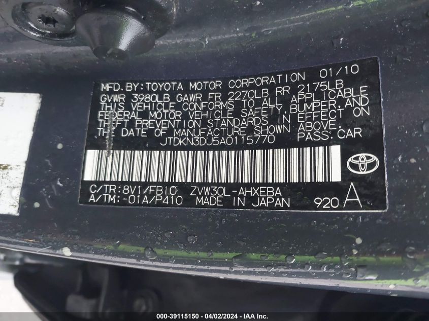 JTDKN3DU5A0115770 | 2010 TOYOTA PRIUS