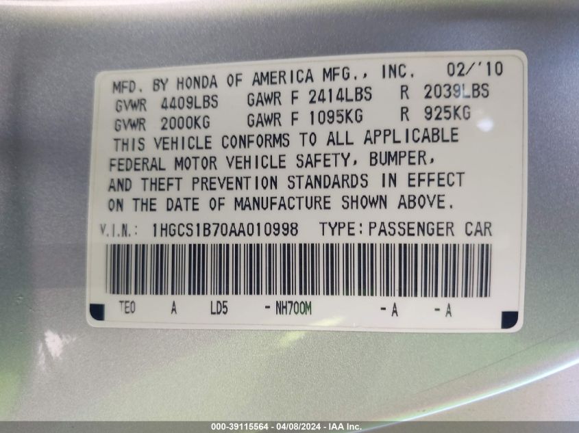 1HGCS1B70AA010998 | 2010 HONDA ACCORD