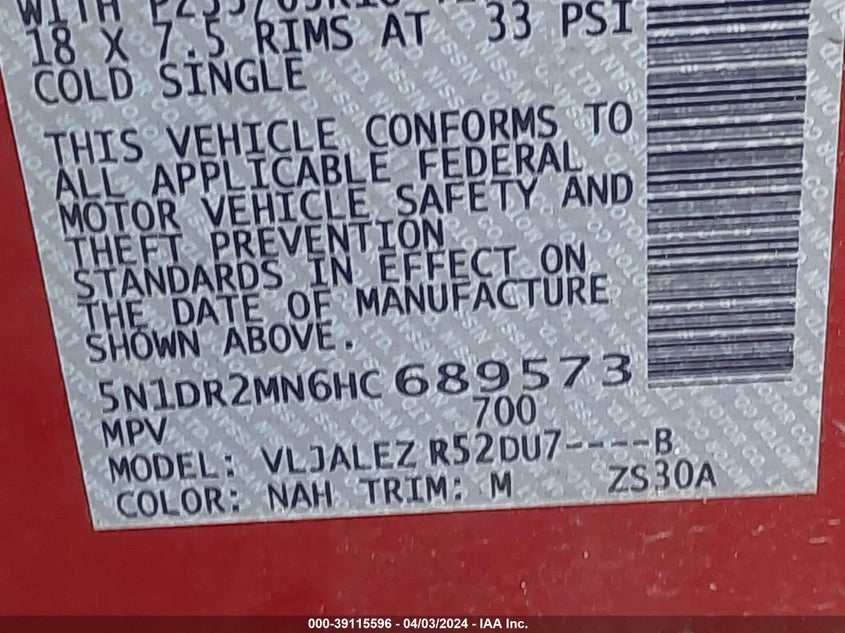 5N1DR2MN6HC689573 2017 Nissan Pathfinder Sv