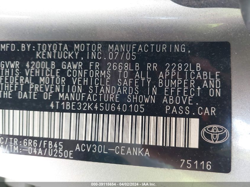 4T1BE32K45U640105 2005 Toyota Camry Le