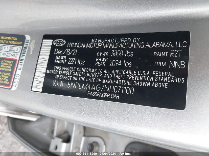 5NPLM4AG7NH071100 2022 Hyundai Elantra Sel