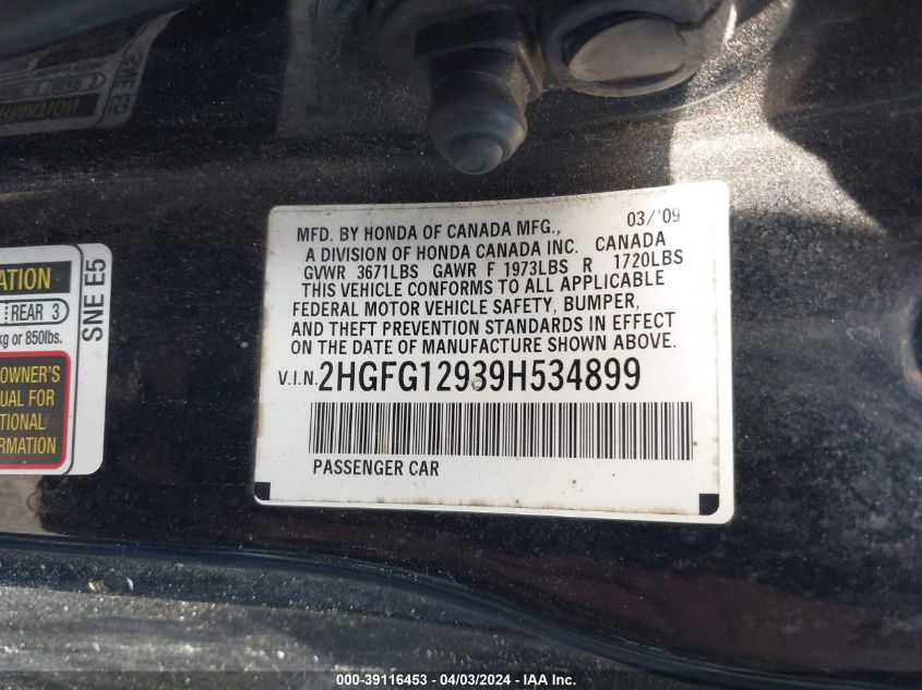 2HGFG12939H534899 | 2009 HONDA CIVIC