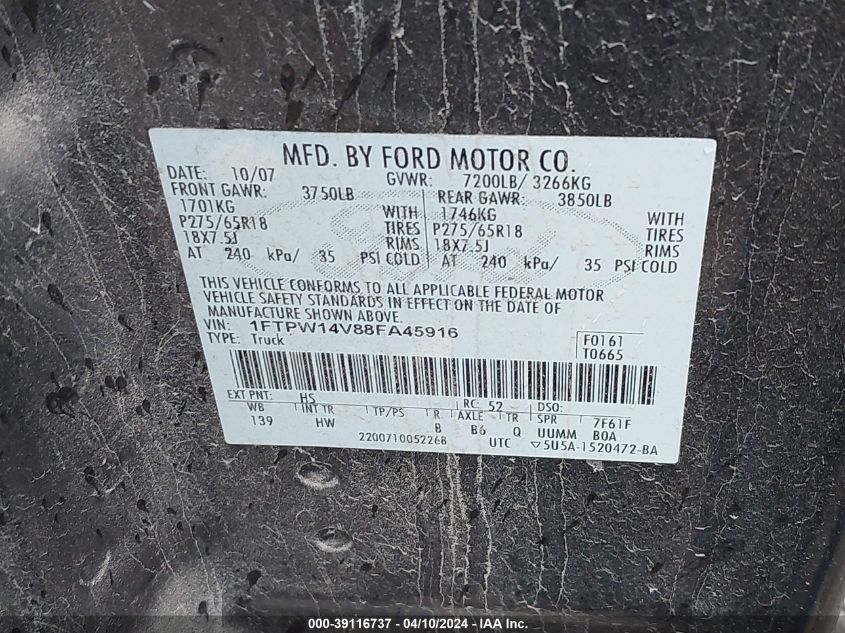 1FTPW14V88FA45916 2008 Ford F-150 Fx4/Lariat/Xlt