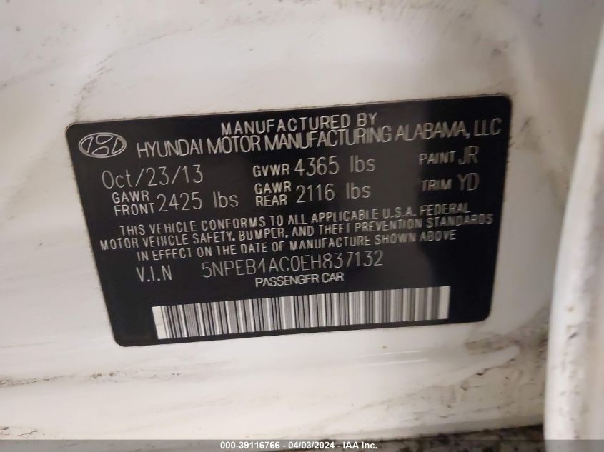 5NPEB4AC0EH837132 | 2014 HYUNDAI SONATA