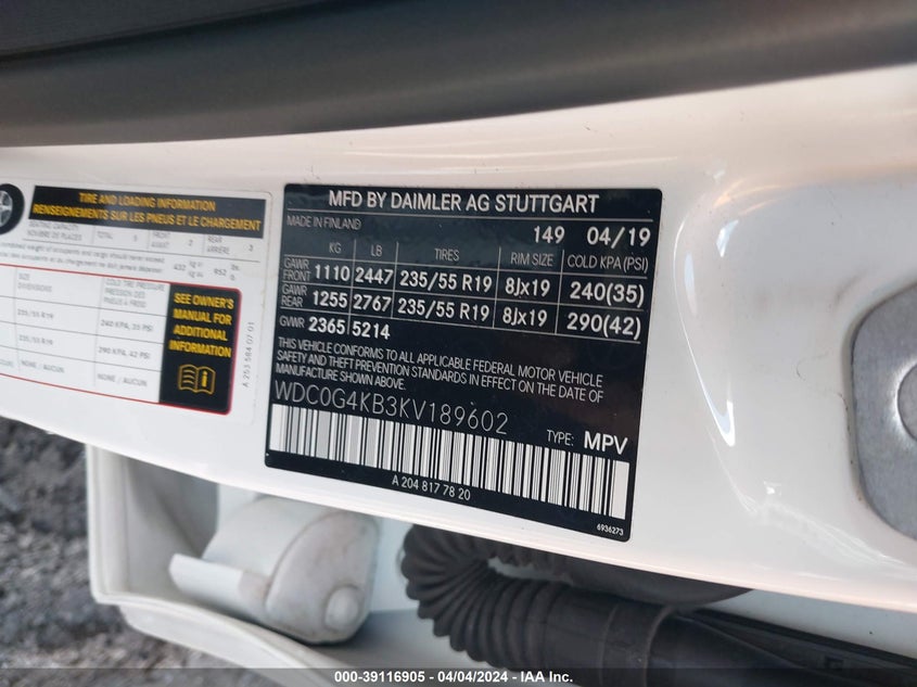 2019 MERCEDES-BENZ GLC 300 VIN: WDC0G4KB3KV189602