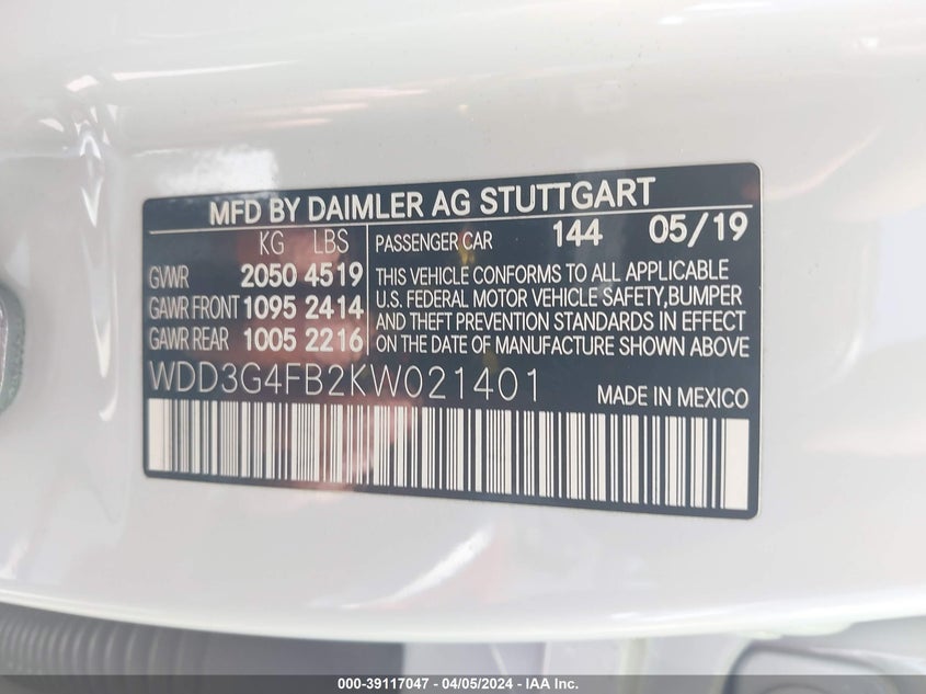 2019 MERCEDES-BENZ A 220 VIN: WDD3G4FB2KW021401