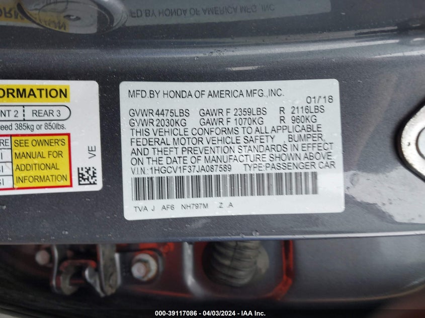 VIN 1HGCV1F37JA087589 2018 HONDA ACCORD SPORT