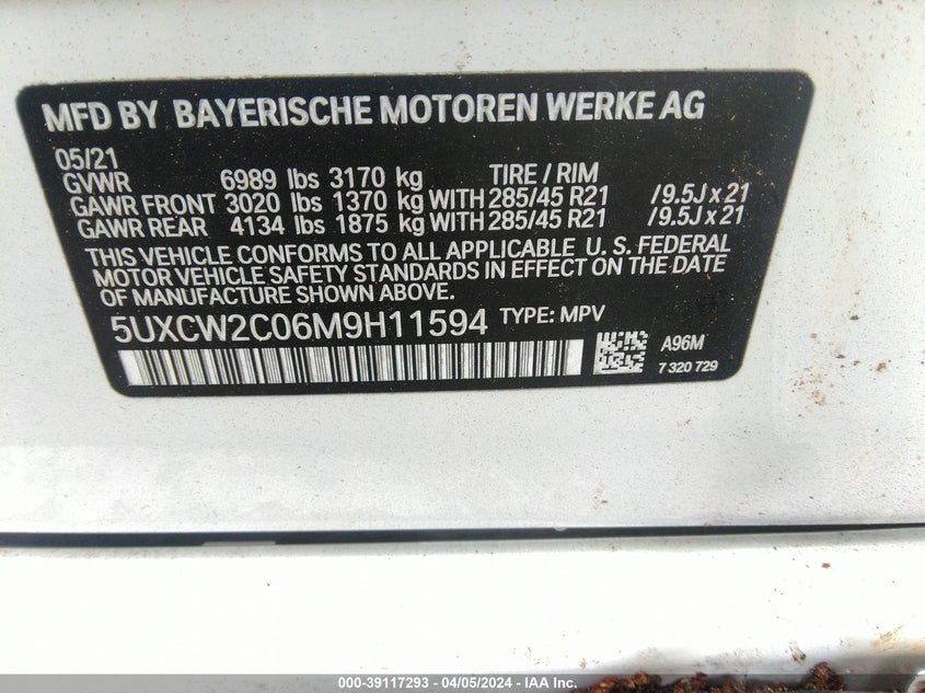 2021 BMW X7 XDRIVE40I VIN: 5UXCW2C06M9H11594
