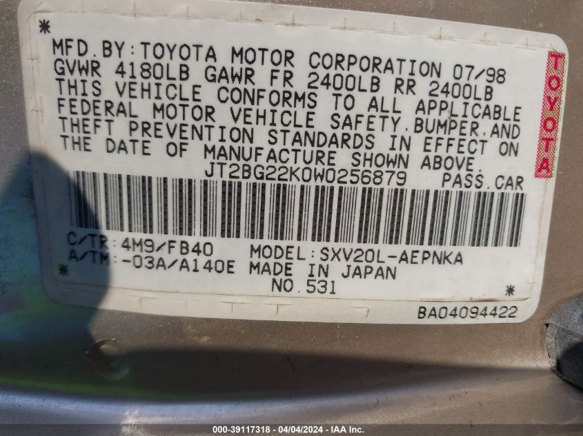 1998 Toyota Camry Le VIN: JT2BG22K0W0256879 Lot: 39117318