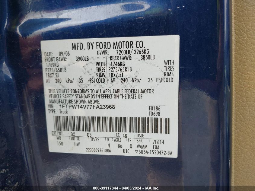 1FTPW14V77FA23968 | 2007 FORD F-150