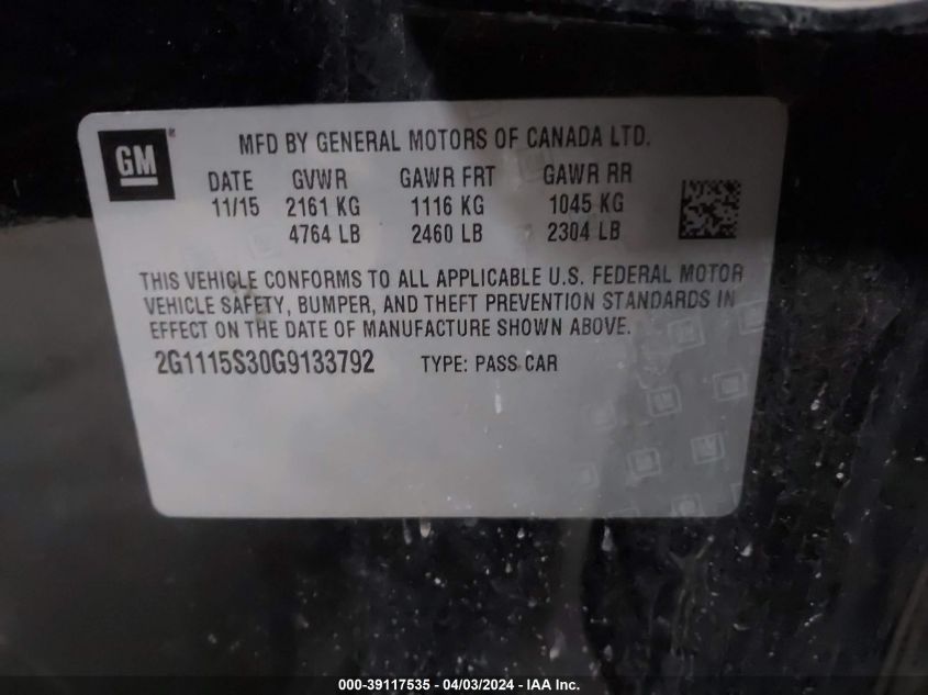 2016 Chevrolet Impala 2Lt VIN: 2G1115S30G9133792 Lot: 39117535