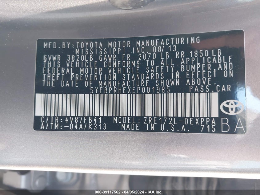 2014 TOYOTA COROLLA ECO/ECO PLUS/ECO PREMIUM - 5YFBPRHEXEP001985