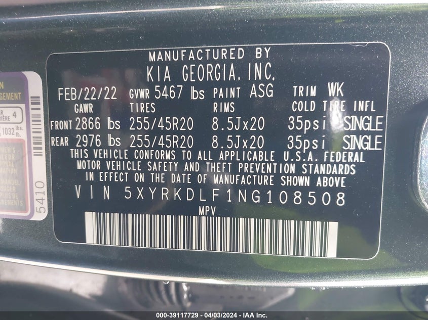 VIN 5XYRKDLF1NG108508 2022 KIA SORENTO X-LINE SX PRESTIGE