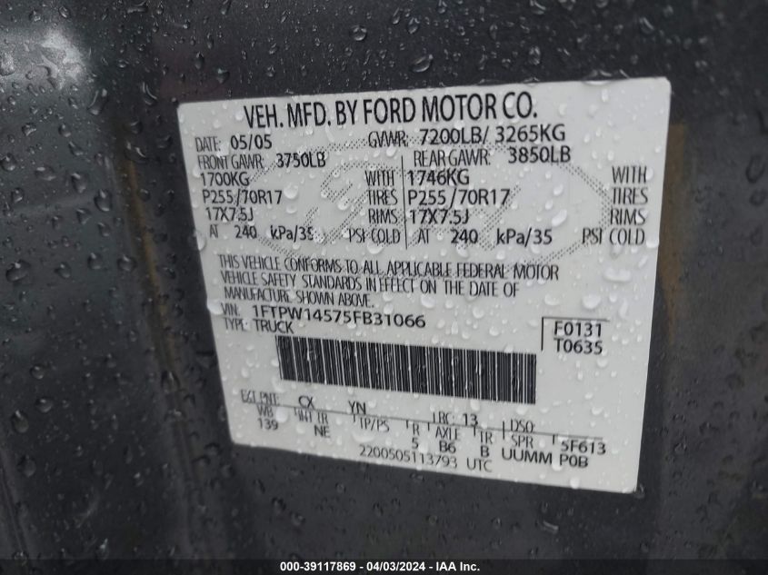 1FTPW14575FB31066 | 2005 FORD F-150